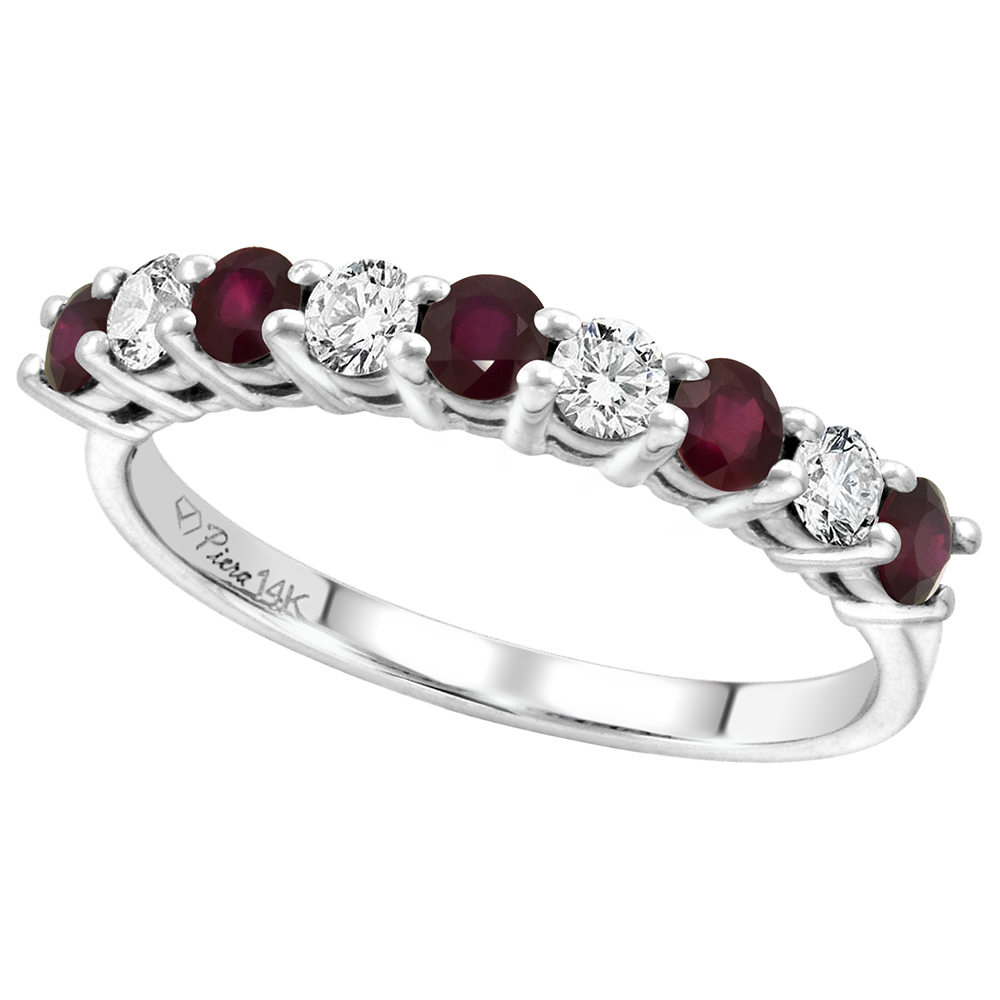 14k White Gold Diamond and Enhanced Genuine Ruby 9-Stone Ring Round Brilliant cut 0.4cttw 2.8mm,size 5-10