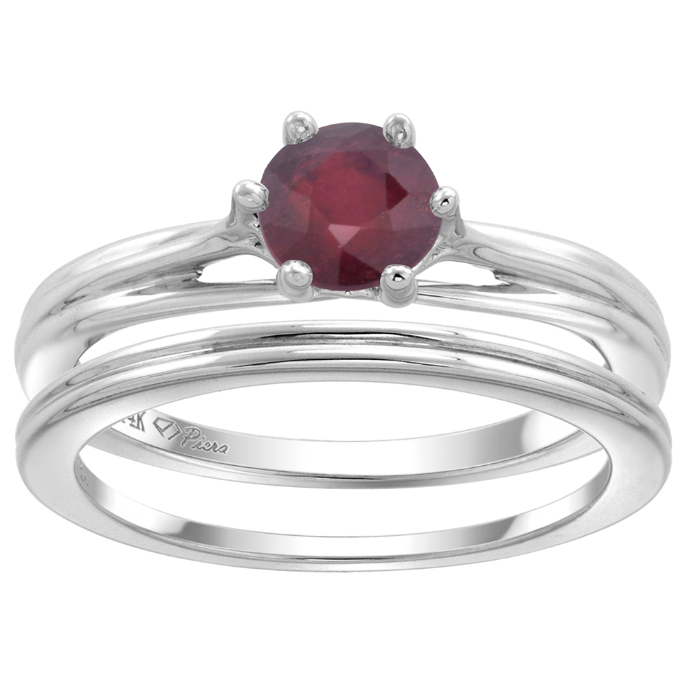 14k White Gold Enhanced Genuine Ruby Solitaire Engagement 2pc Ring Set Round 6mm, size 5-10