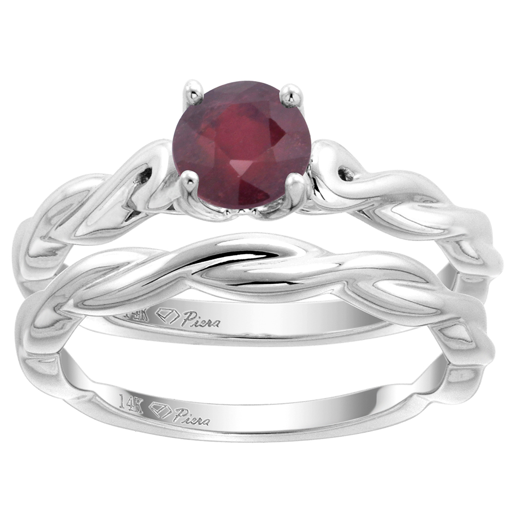14k White Gold Enhanced Genuine Ruby 2pc Solitaire Engagement Ring Set Round 6mm Twisted Shank, size 5-10