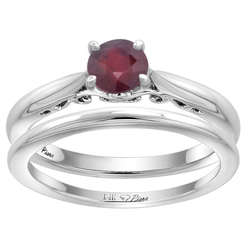 14k White Gold Enhanced Genuine Ruby Solitaire Engagement 2pc Ring Set Round 6mm, size 5-10