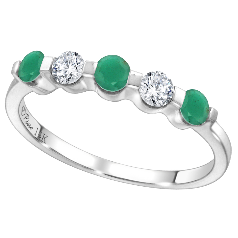 14k White Gold 0.23ct Diamond & Genuine Emerald 5-Stone Ring Round Brilliant cut 3mm, size 5-10