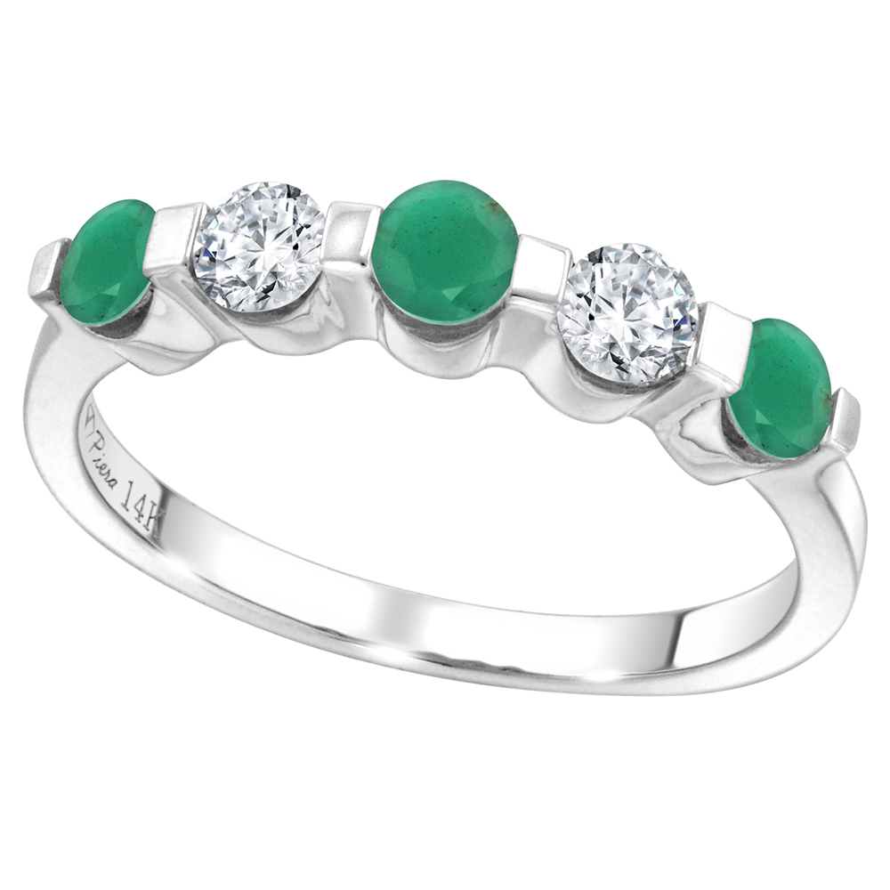 14k White Gold 0.33ct Diamond & Genuine Emerald 5-Stone Ring Round Brilliant cut 3.4mm, size 5-10