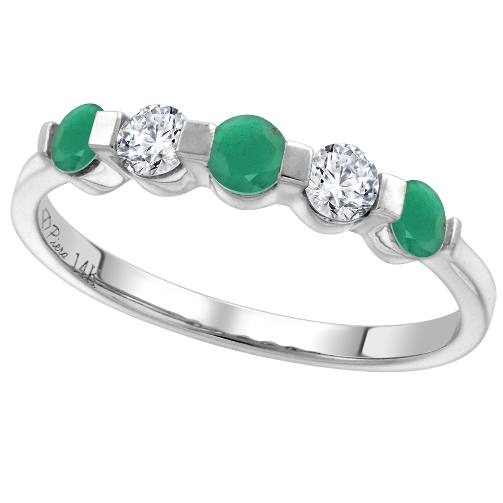 14k White Gold 0.23ct Diamond & Genuine Emerald 5-Stone Ring Round Brilliant cut 3mm, size 5-10