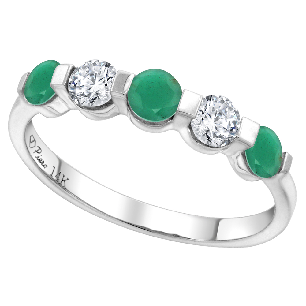 14k White Gold 0.33ct Diamond & Genuine Emerald 5-Stone Ring Round Brilliant cut 3.4mm, size 5-10