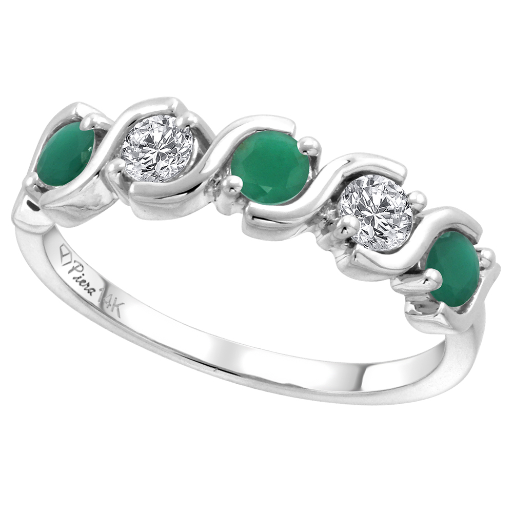 14k White Gold 5-Stone Diamond & Genuine Emerald Ring Round Brilliant cut 0.23 cttw 3mm, size 5-10