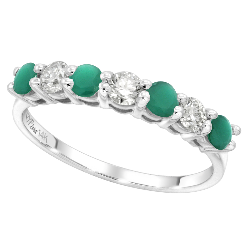 14k White Gold Genuine Emerald and Diamond 7-stone Ring Round Brilliant cut 0.35ct 3mm, size 5-10