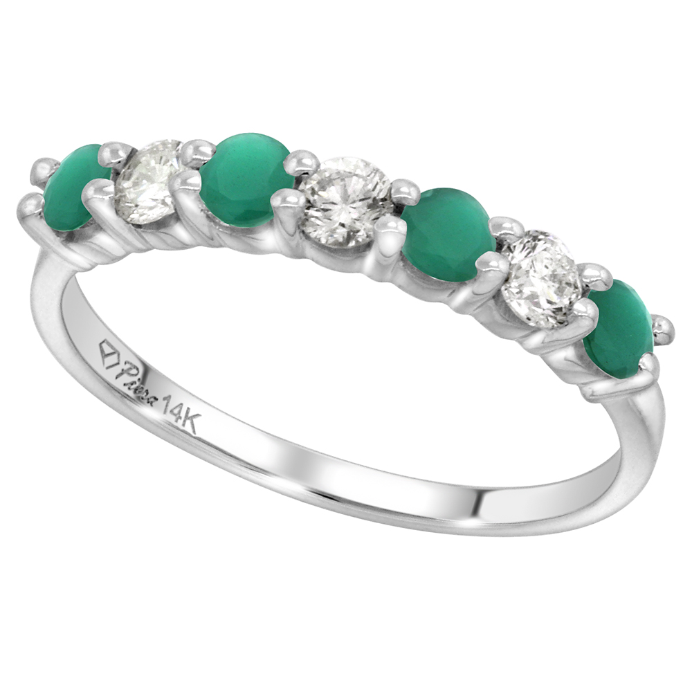 14k White Gold Genuine Emerald and Diamond 7-Stone Ring Round Brilliant cut 0.35cttw 3mm, size 5-10