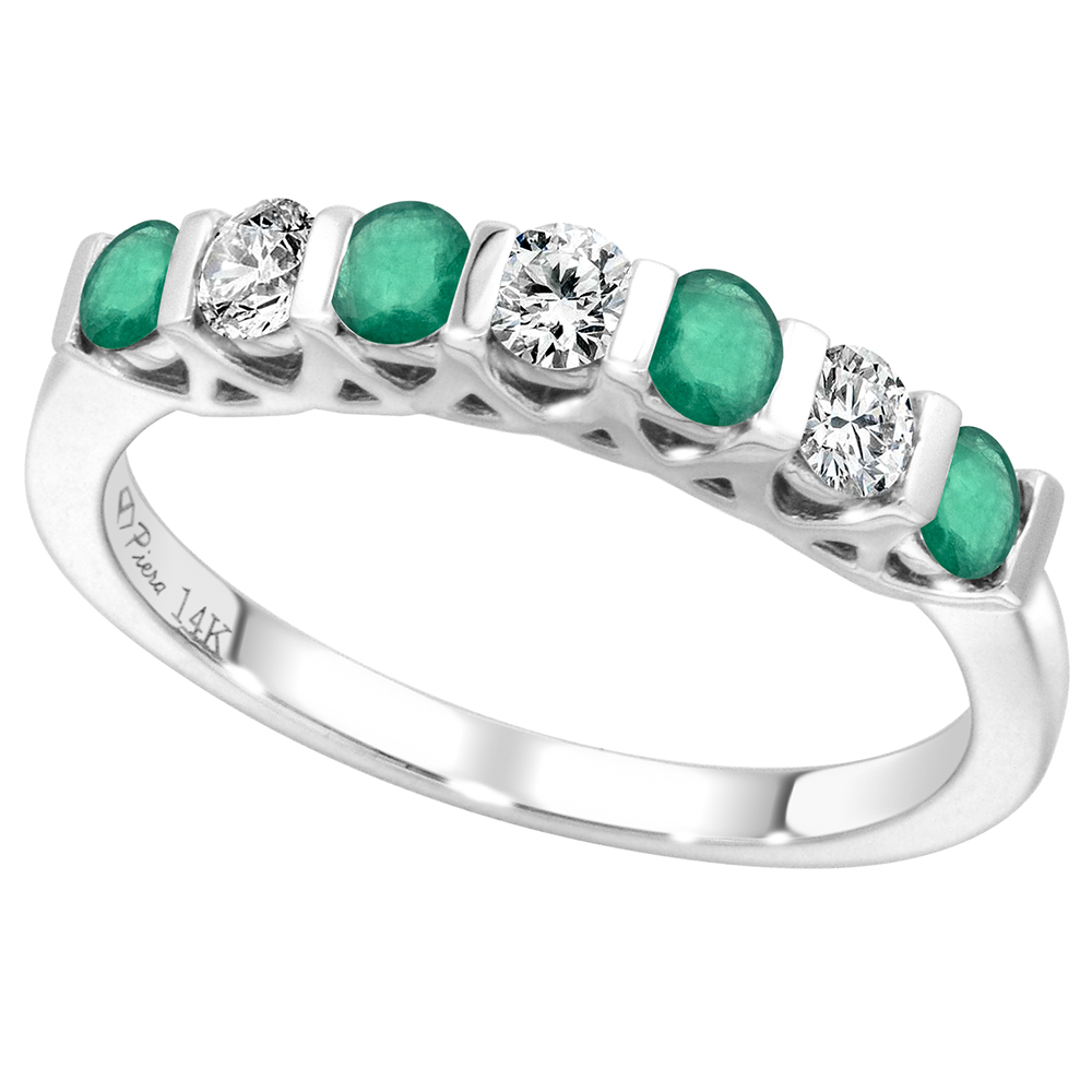 14k White Gold Genuine Emerald & Diamond 7-Stone Ring Round Brilliant cut 0.3cttw 2.8mm, size 5-10