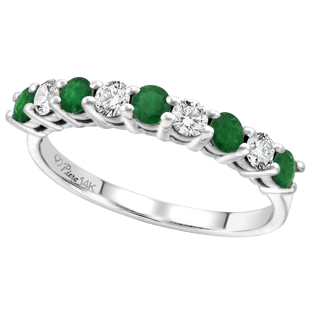 14k White Gold Diamond and Genuine Emerald 9-Stone Ring Round Brilliant cut 0.4cttw 2.8mm, size 5-10