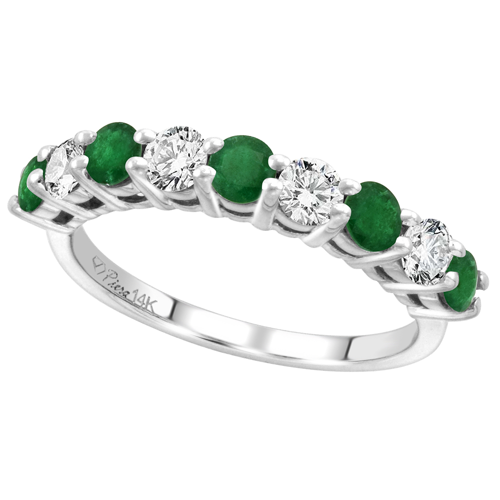 14k White Gold Diamond & Genuine Emerald 9-Stone Ring Round Brilliant cut 0.52 cttw 3.1mm, size 5-10