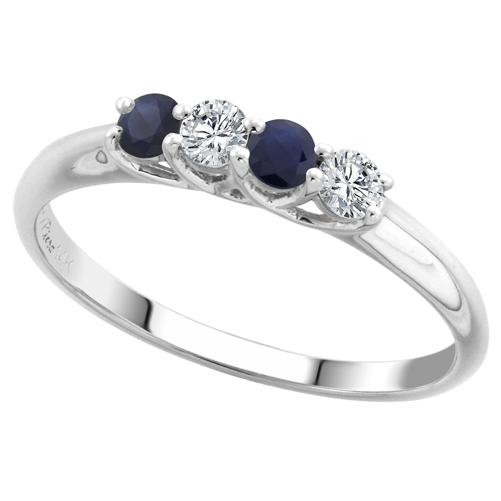 14k White Gold Genuine Blue Sapphire and Diamond 4-Stone Ring Round Brilliant cut 0.17ct 2.7mm, size 5-10