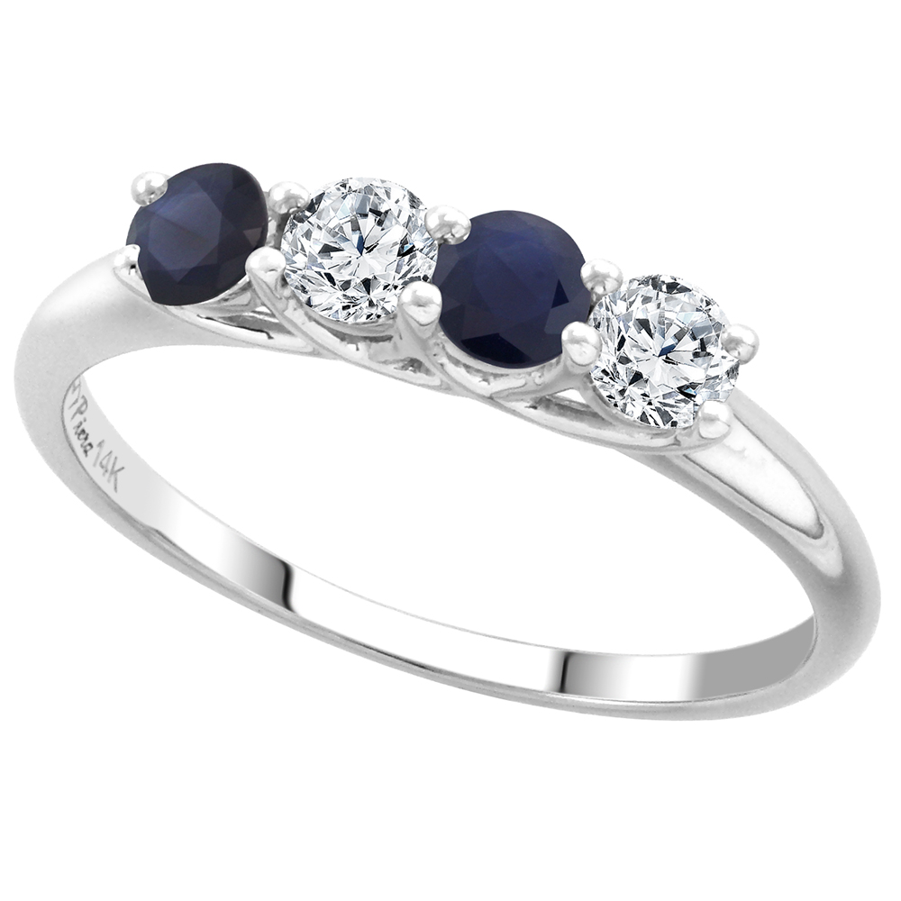 14k White Gold Genuine Blue Sapphire and Diamond 4-Stone Ring Round Brilliant cut 0.28ct 3.2mm, size 5-10