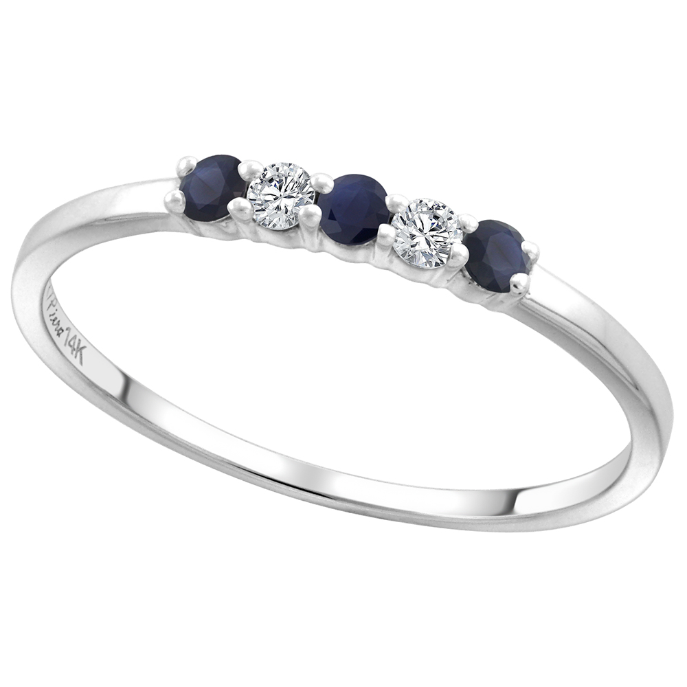 14k White Gold Genuine Blue Sapphire and Diamond 5-Stone Ring Round Brilliant cut 0.08cttw 2mm, size 5-10