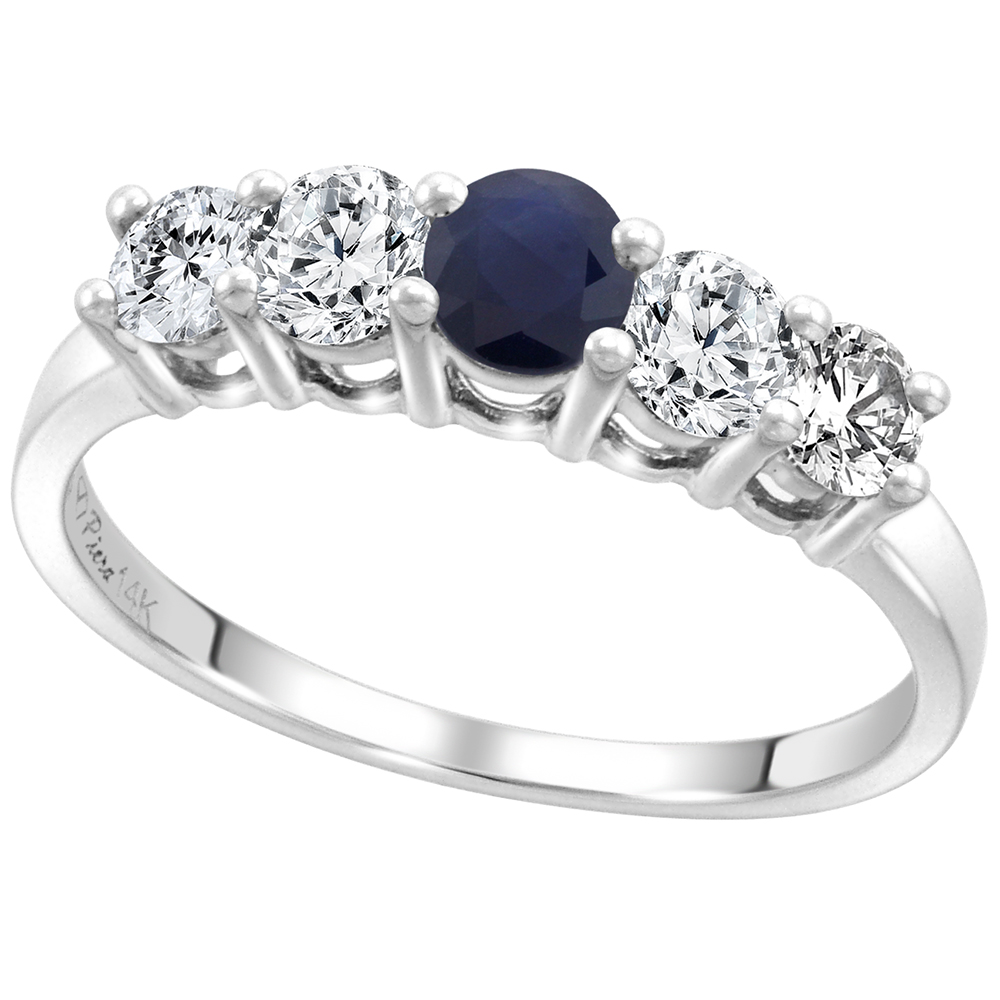 14k White Gold 0.6ct Diamond & Genuine Blue Sapphire 5-Stone Ring Round Brilliant cut 4mm, size 5-10