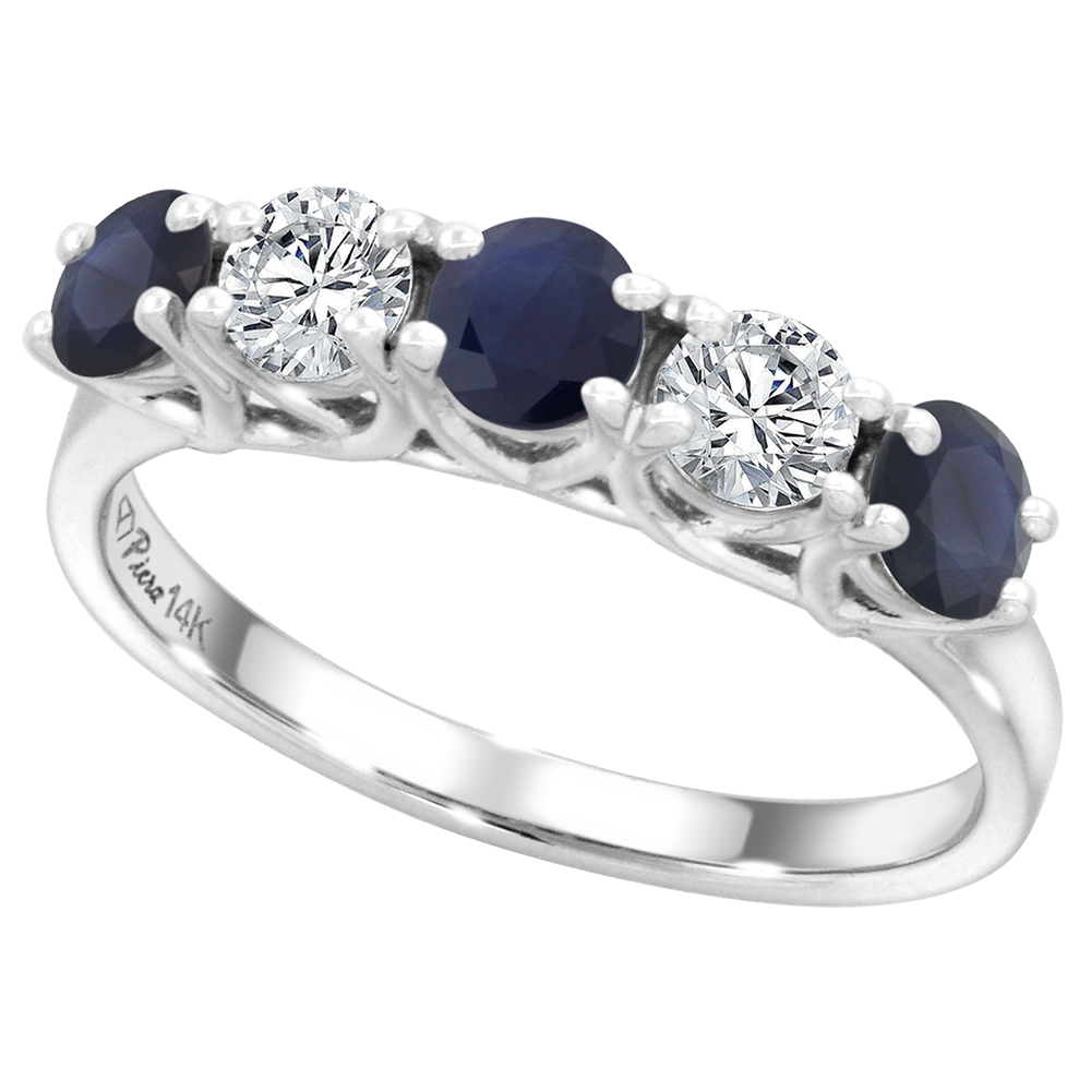 14k White Gold Genuine Blue Sapphire and Diamond 5-Stone Ring Round Brilliant cut 0.4ct 3.7mm, size 5-10