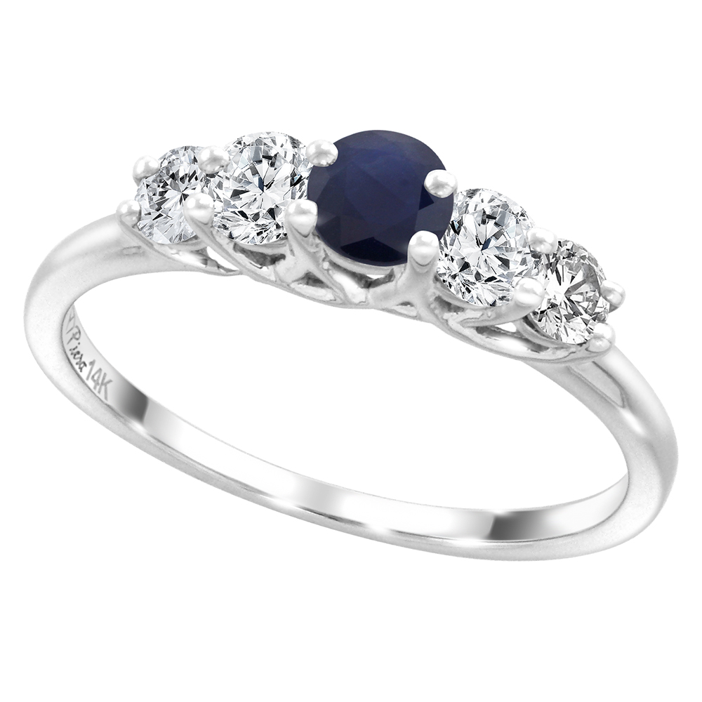14k White Gold 0.4ct Diamond & Genuine Blue Sapphire 5-Stone Ring Round Brilliant cut 3.6mm, size 5-10