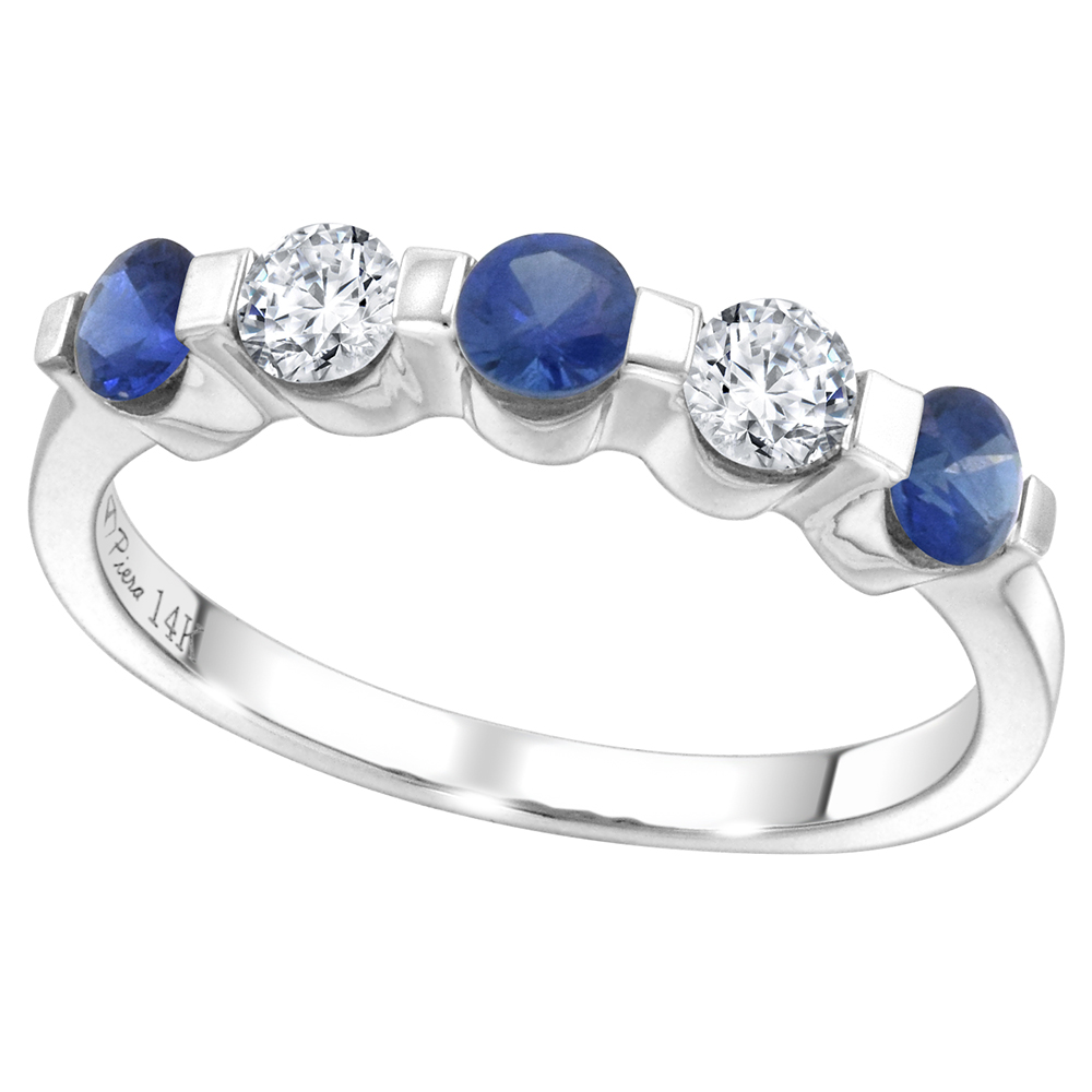 14k White Gold 0.33ct Diamond & Genuine Blue Sapphire 5-Stone Ring Round Brilliant cut 3.4mm, size 5-10