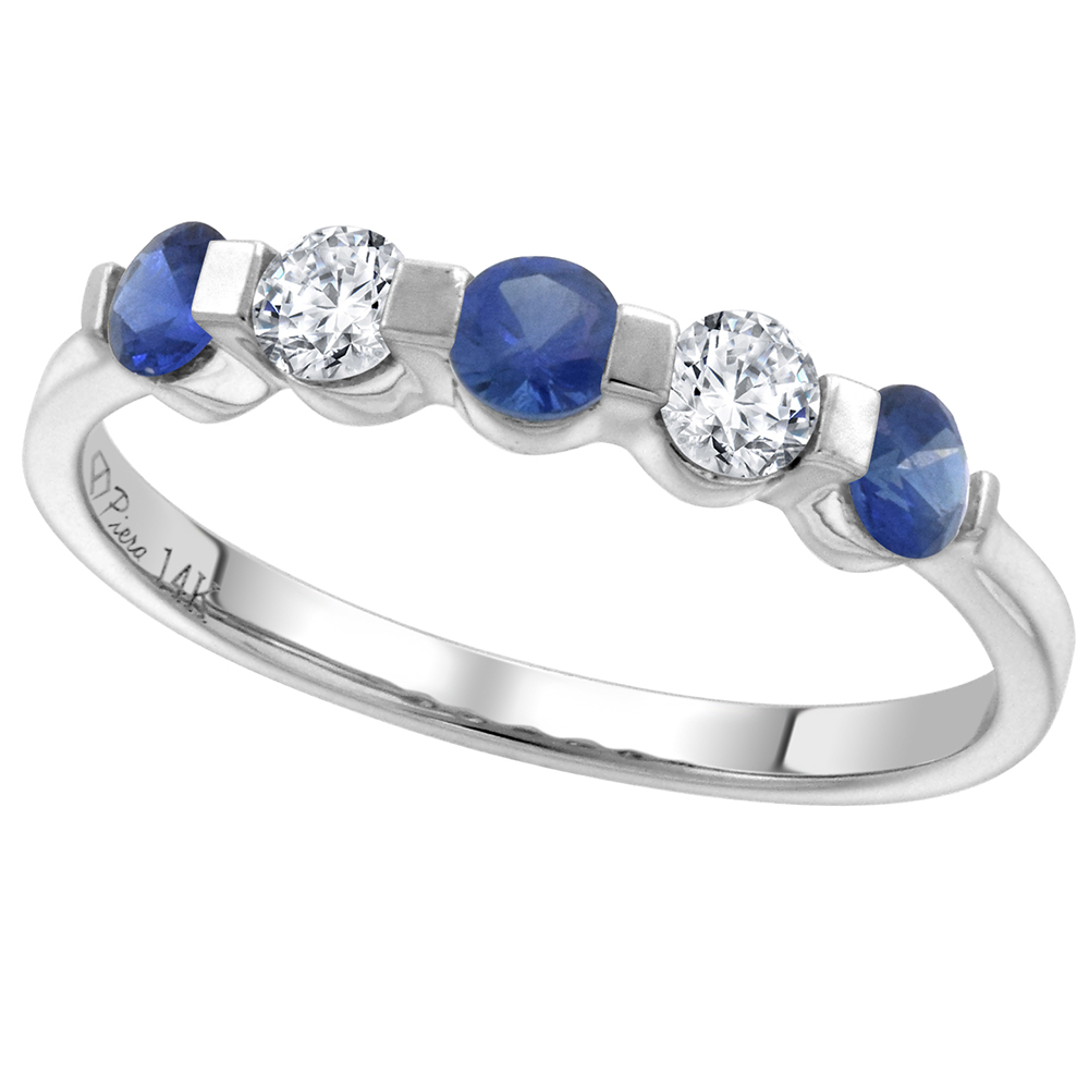14k White Gold 0.23ct Diamond & Genuine Blue Sapphire 5-Stone Ring Round Brilliant cut 3mm, size 5-10