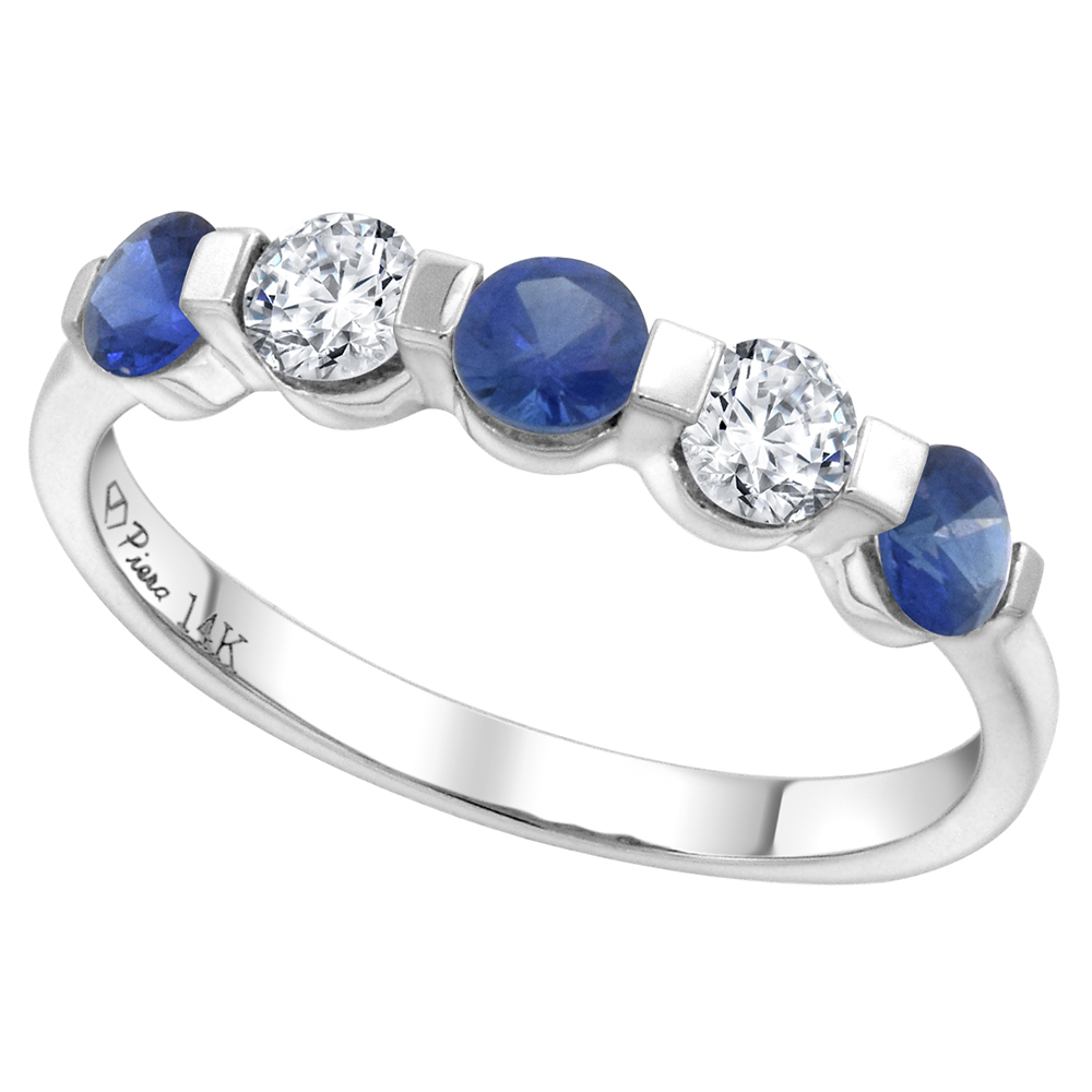 14k White Gold 0.33ct Diamond & Genuine Blue Sapphire 5-Stone Ring Round Brilliant cut 3.4mm, size 5-10