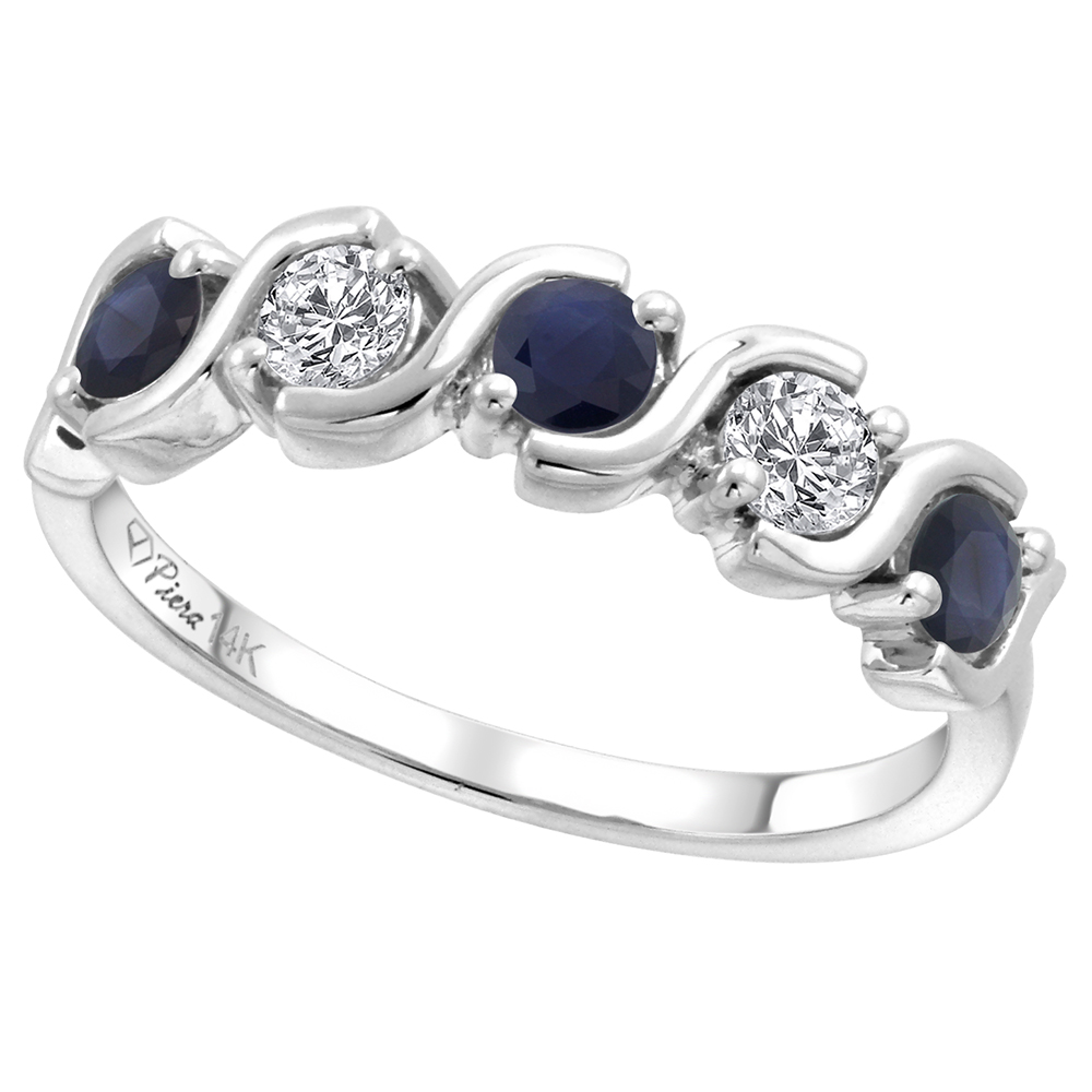 14k White Gold 5-Stone Diamond & Genuine Blue Sapphire Ring Round Brilliant cut 0.23 cttw 3mm, size 5-10