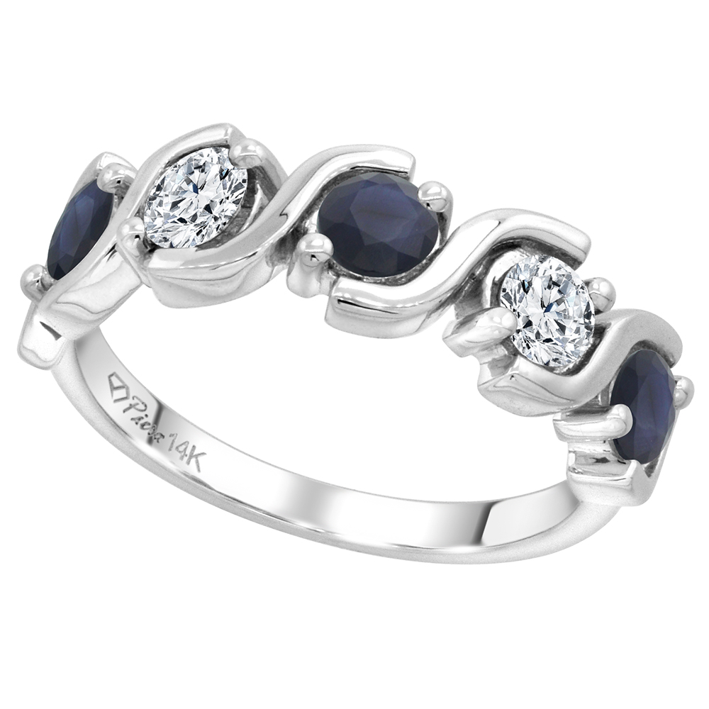 14k White Gold 5-Stone Genuine Blue Sapphire and Diamond Ring Round Brilliant cut 0.4ct 3.7mm, size 5-10