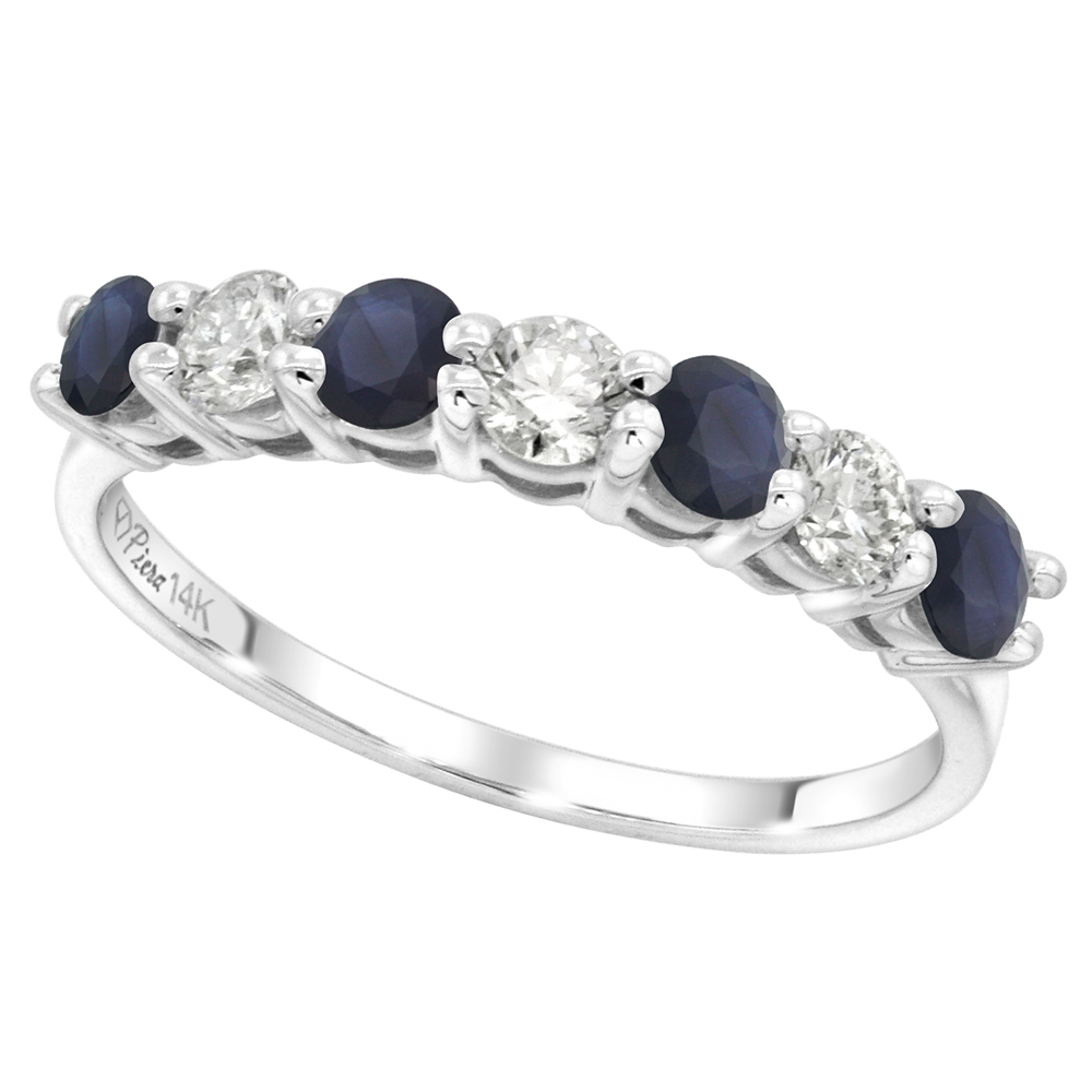 14k White Gold Genuine Blue Sapphire and Diamond 7-stone Ring Round Brilliant cut 0.35ct 3mm, size 5-10