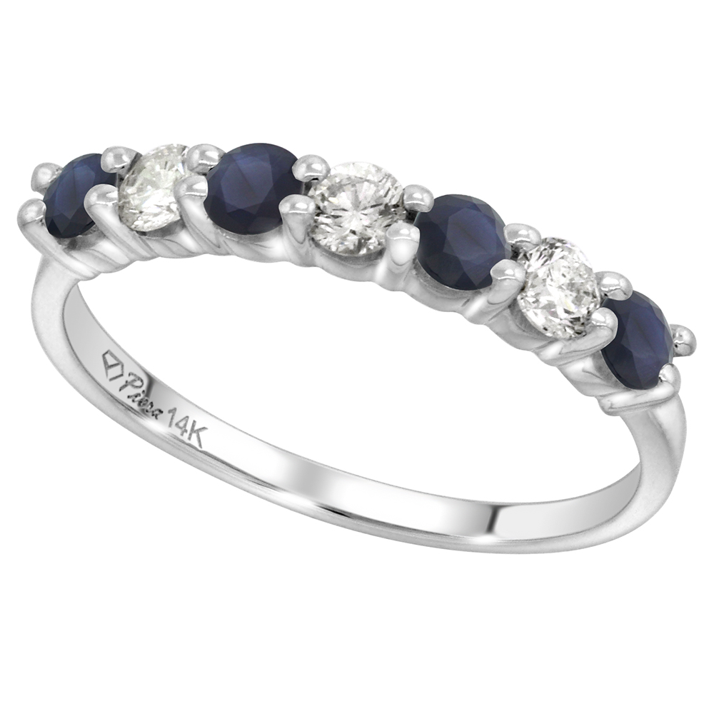 14k White Gold Genuine Blue Sapphire and Diamond 7-Stone Ring Round Brilliant cut 0.35cttw 3mm, size 5-10
