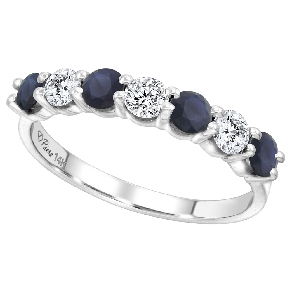 14k White Gold Genuine Blue Sapphire & Diamond 7-Stone Ring Round Brilliant cut 0.77cttw 4.1mm, size5-10