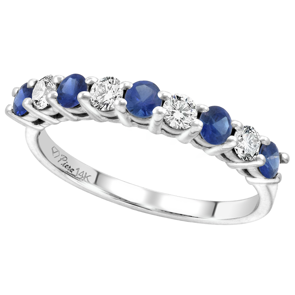 14k White Gold Diamond and Genuine Blue Sapphire 9-Stone Ring Round Brilliant cut 0.4cttw 2.8mm,size 5-10