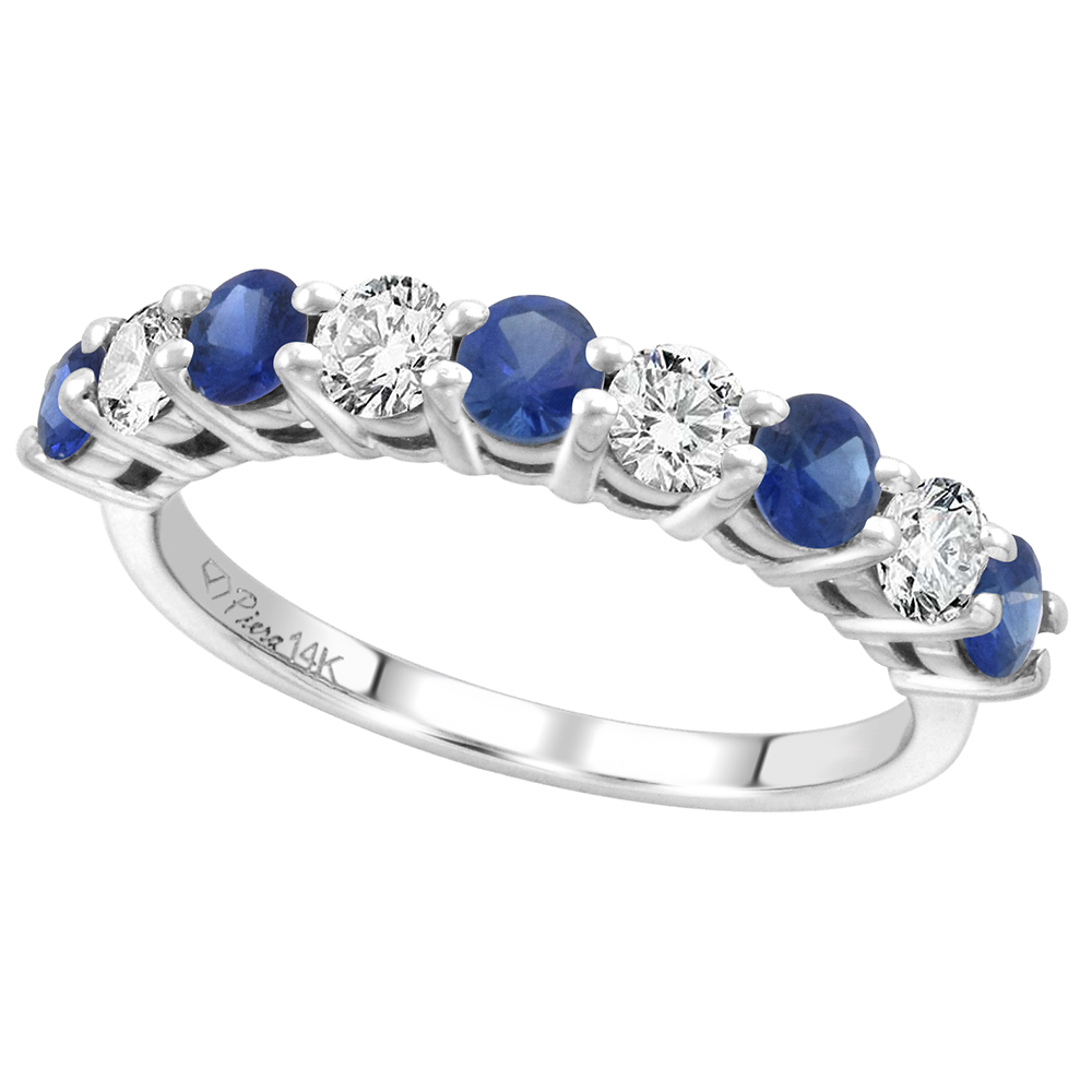 14k White Gold Diamond & Genuine Blue Sapphire 9-Stone Ring Round Brilliant cut 0.52 cttw 3.1mm,size 5-10
