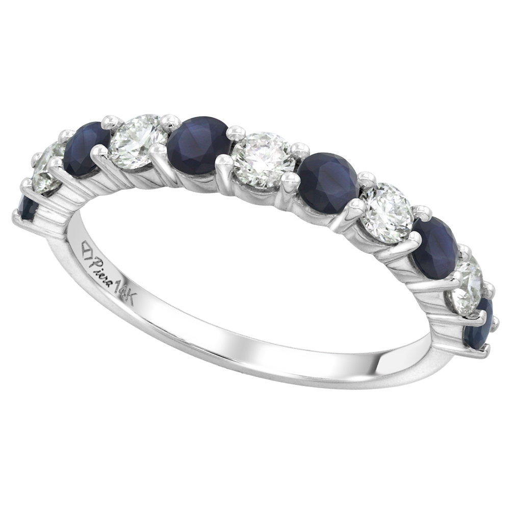14k White Gold Genuine Blue Sapphire & Diamond 11 Stone Ring Round Brilliant cut 0.6ct 3mm, size 5-10