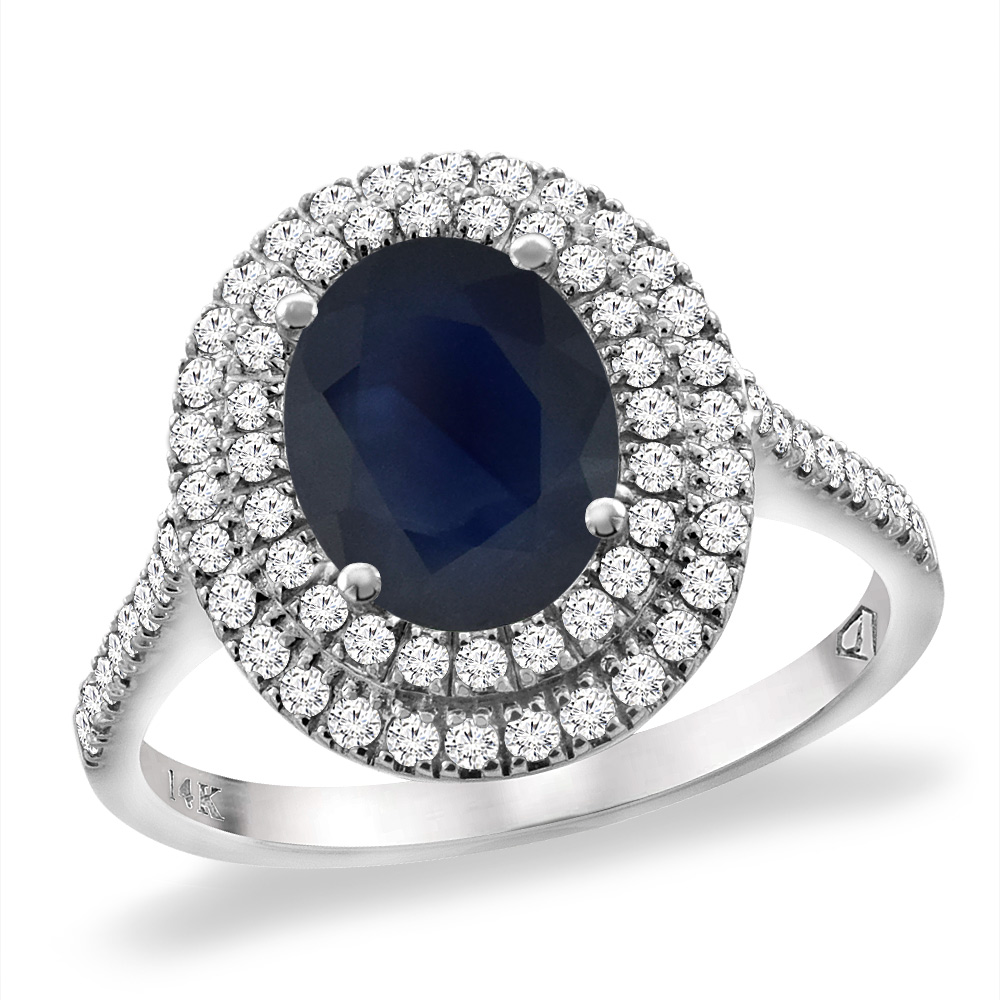14K White Gold Natural Blue Sapphire Two Halo Diamond Engagement Ring 9x7 mm Oval, sizes 5 -10