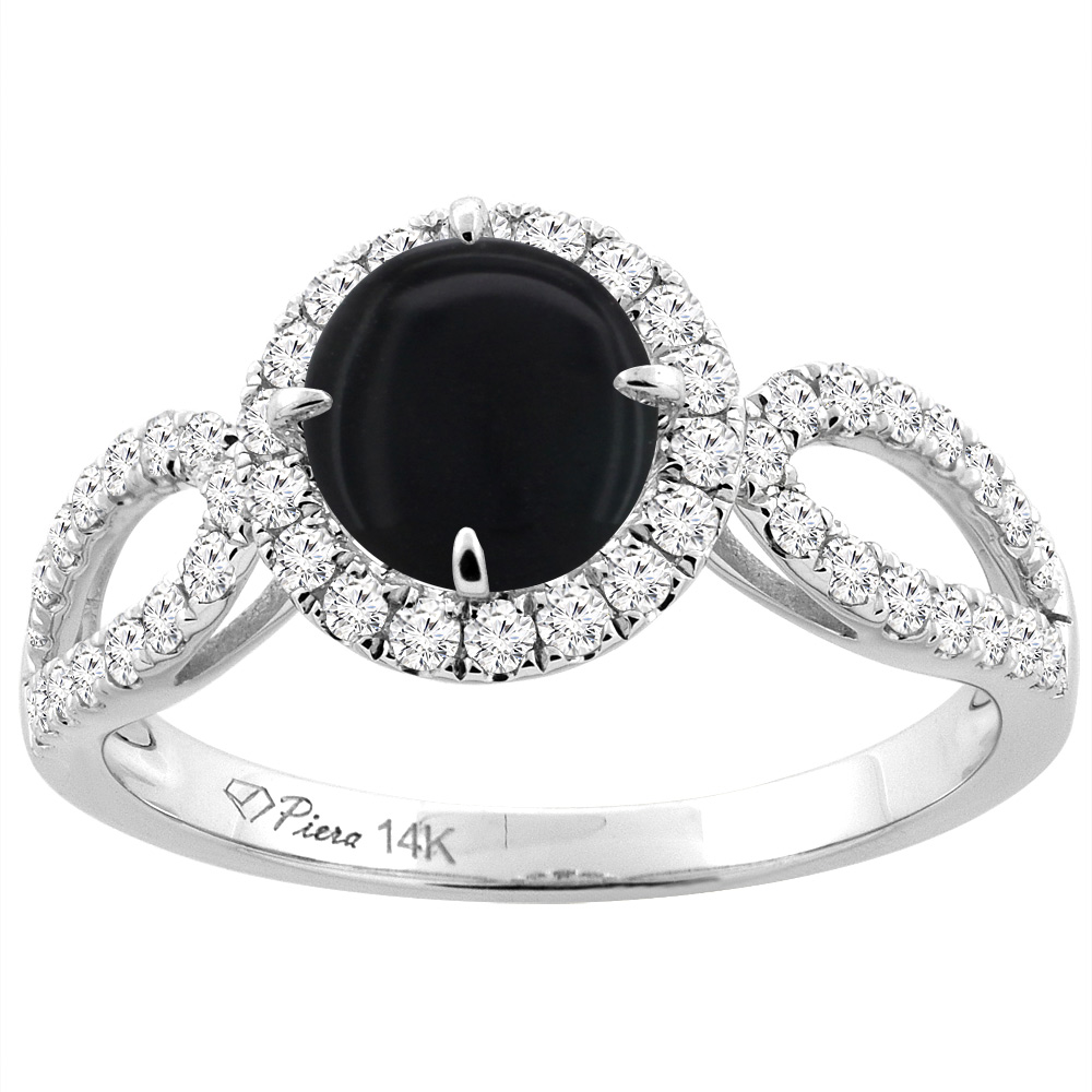 14K White Gold Natural Black Onyx Engagement Halo Ring Round 6 mm & Diamond Accents, sizes 5 - 10