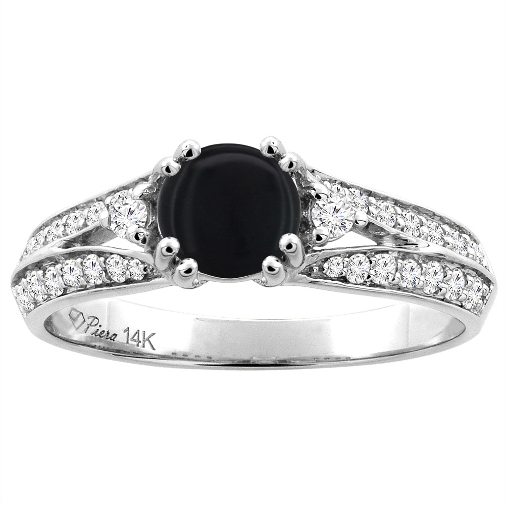 14K White Gold Natural Black Onyx Engagement Ring Round 6 mm & Diamond Accents, sizes 5 - 10