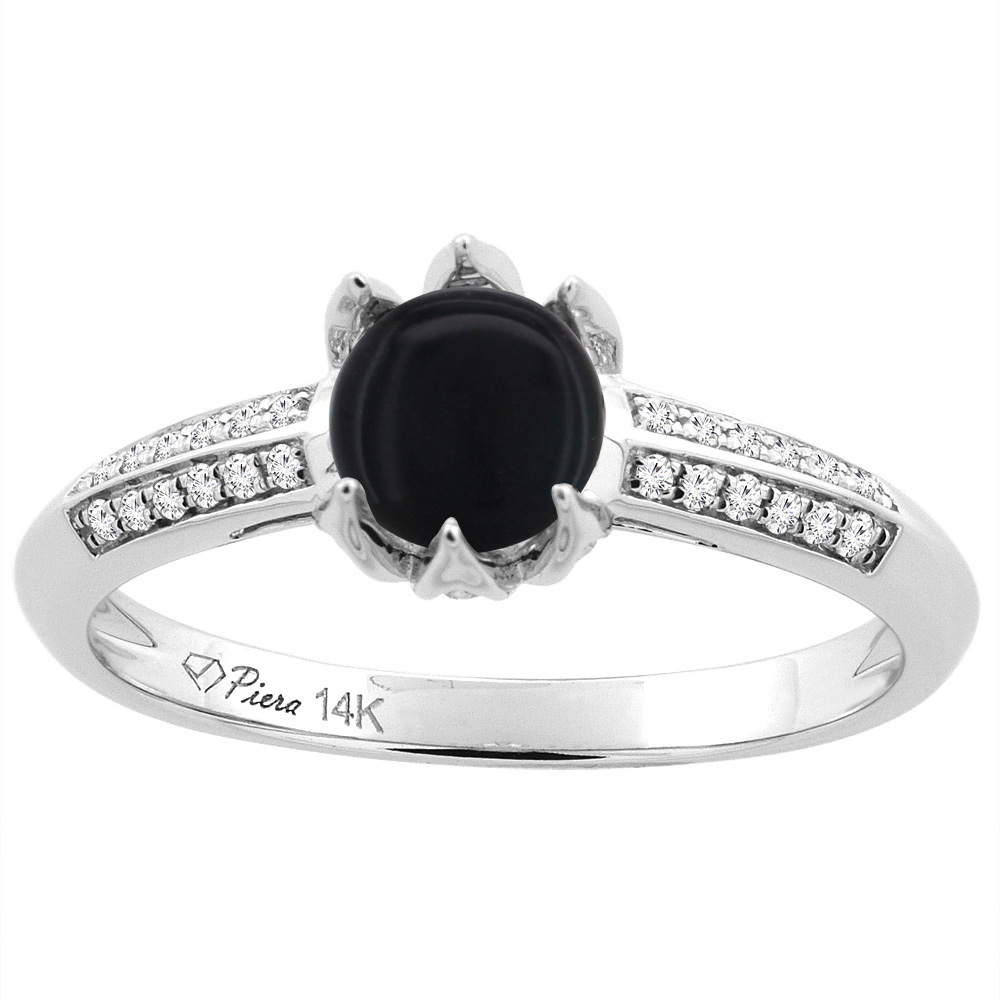 14K White Gold Natural Black Onyx Engagement Ring Round 6 mm & Diamond Accents, sizes 5 - 10
