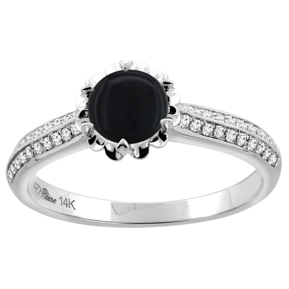 14K White Gold Natural Black Onyx Engagement Ring Round 6 mm & Diamond Accents, sizes 5 - 10