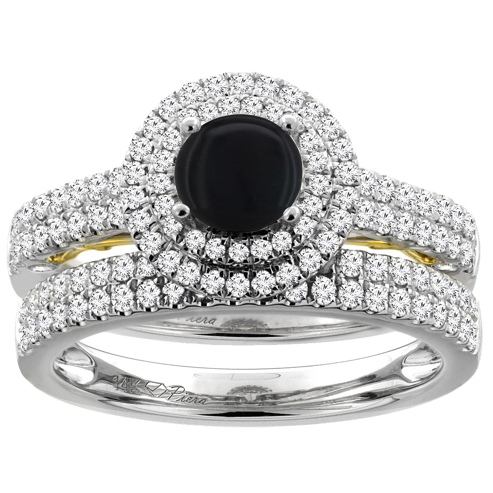 14K White Gold Diamond Natural Black Onyx Halo Engagement Ring Set Round 6 mm, sizes 5-10
