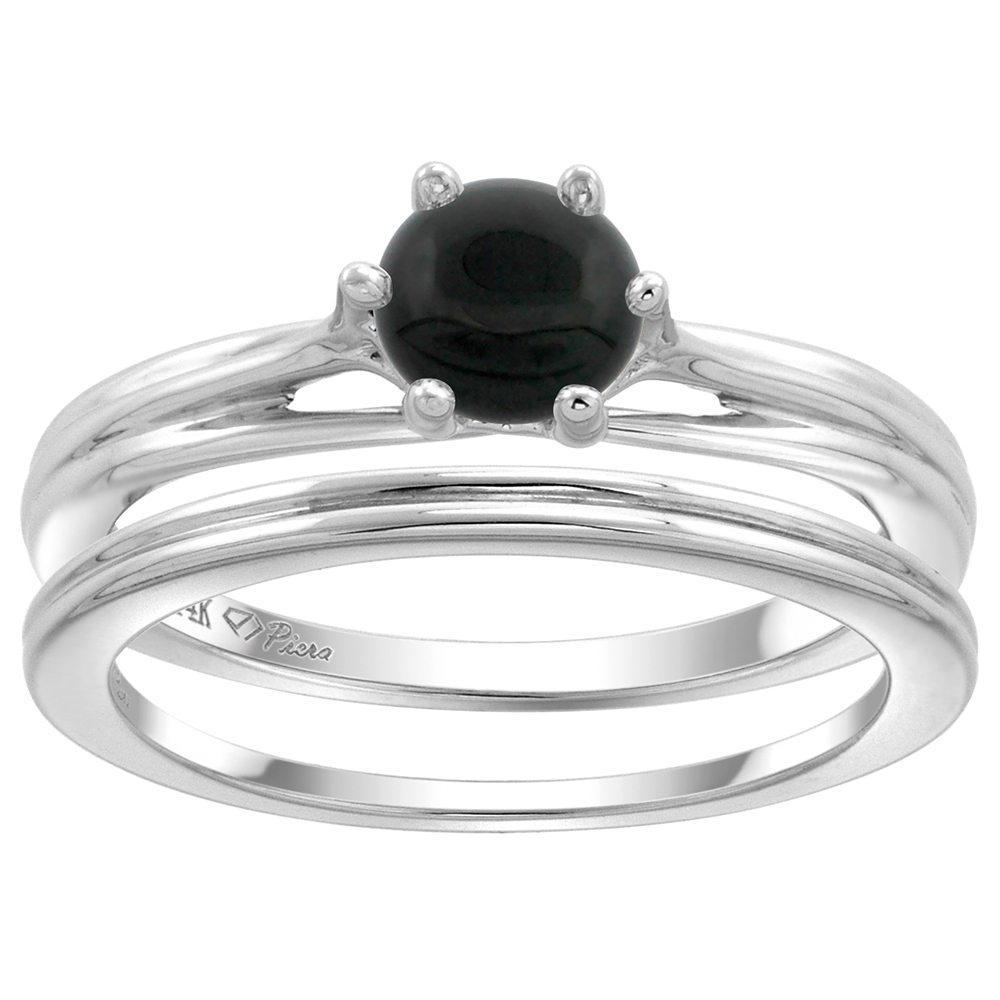 14k White Gold Genuine Black Onyx Solitaire Engagement 2pc Ring Set Round 6mm, size 5-10