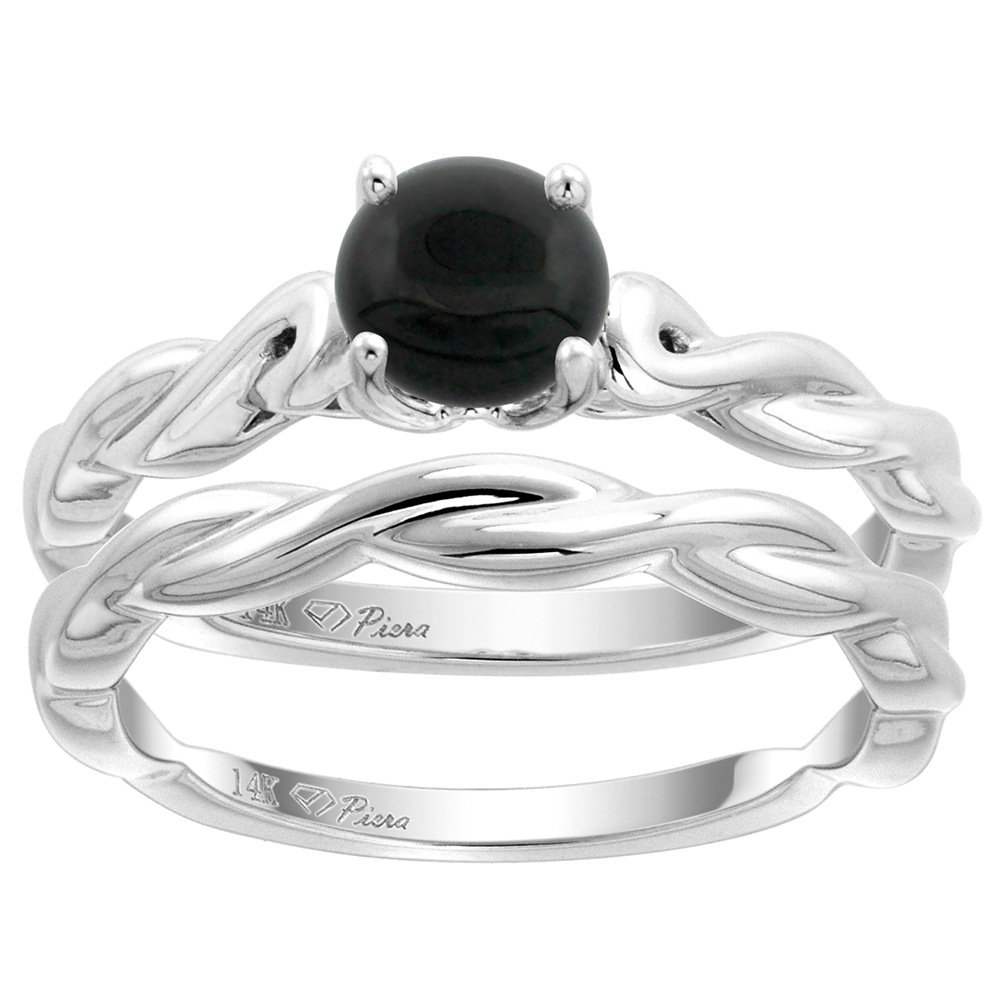 14k White Gold Genuine Black Onyx 2pc Solitaire Engagement Ring Set Round 6mm Twisted Shank, size 5-10