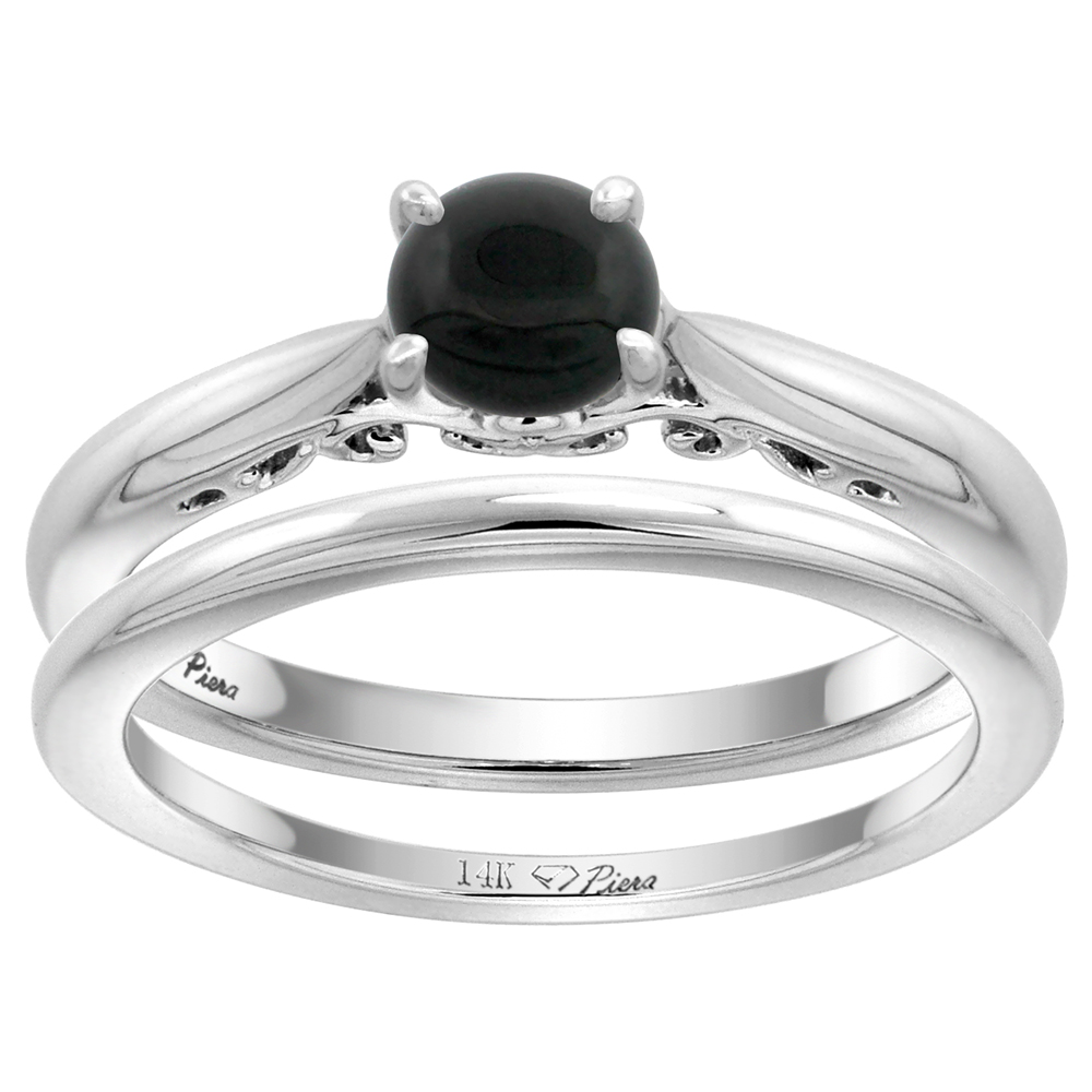 14k White Gold Genuine Black Onyx Solitaire Engagement 2pc Ring Set Round 6mm, size 5-10