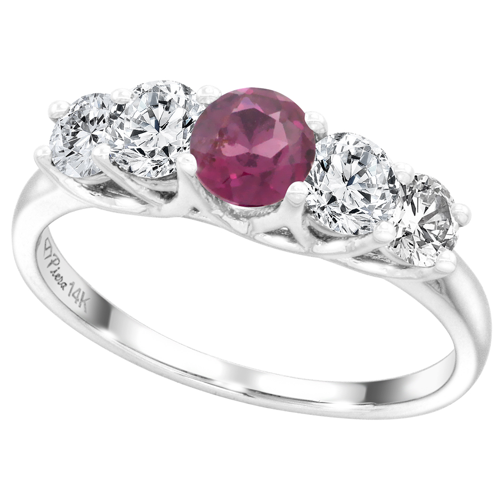 14k White Gold 0.7ct Diamond & Genuine Rhodolite Garnet 5-Stone Ring Round Briliant cut 4.8mm, size 5-10