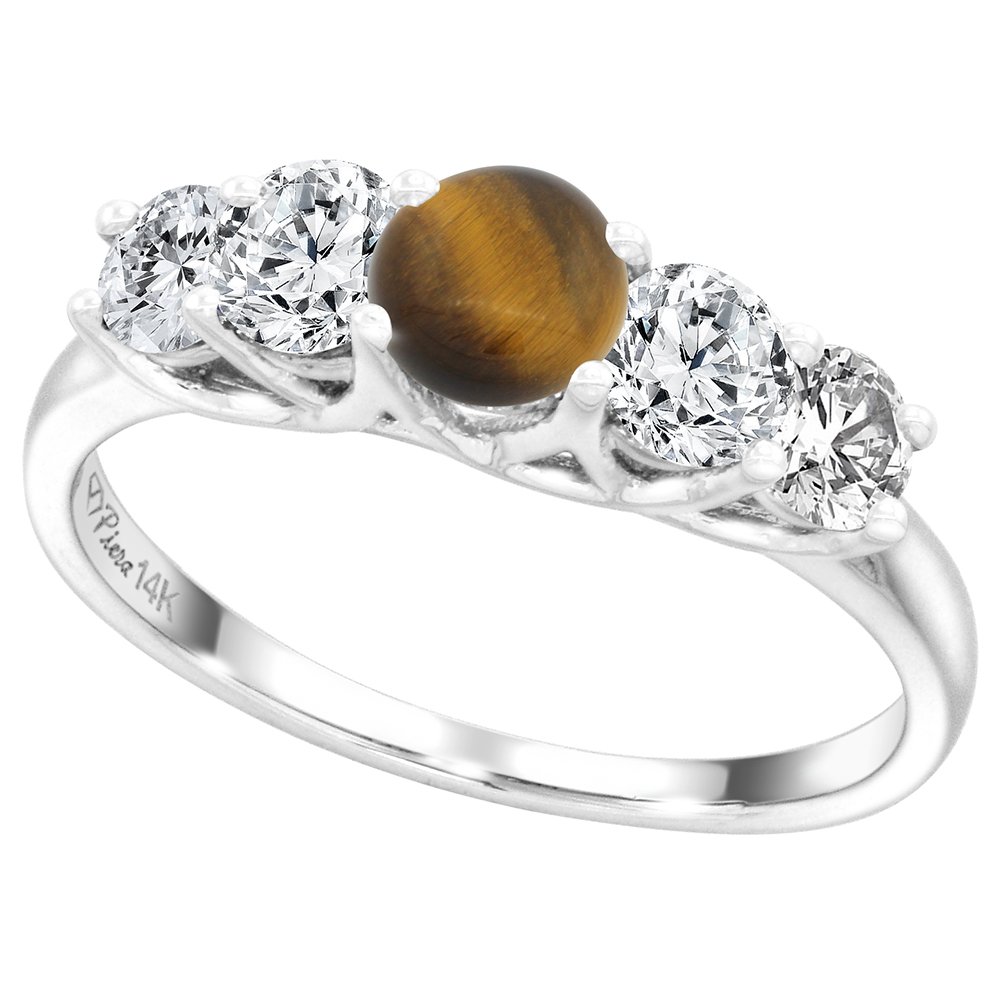 14k White Gold 0.7ct Diamond & Genuine Tiger Eye 5-Stone Ring Round Briliant cut 4.8mm, size 5-10