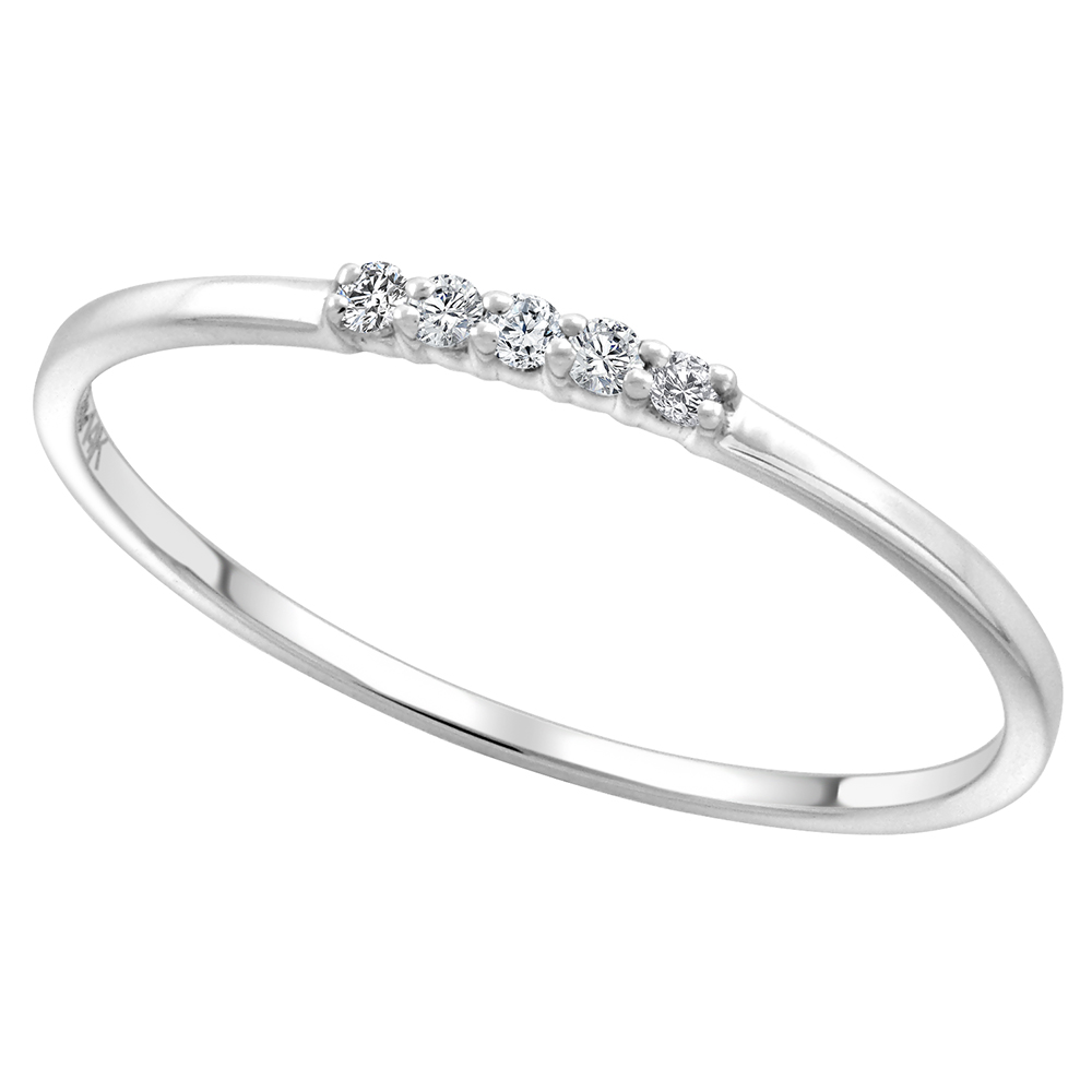 14k White Gold 0.05ct Genuine Diamond 5-Stone Wedding Band Round Brilliant cut 1.3mm, size 5-10