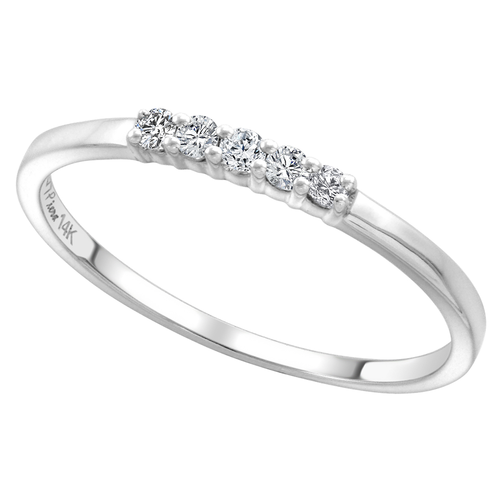 14k White Gold 0.12ct Genuine Diamond 5-Stone Wedding Band Round Brilliant cut 1.7mm, size 5-10