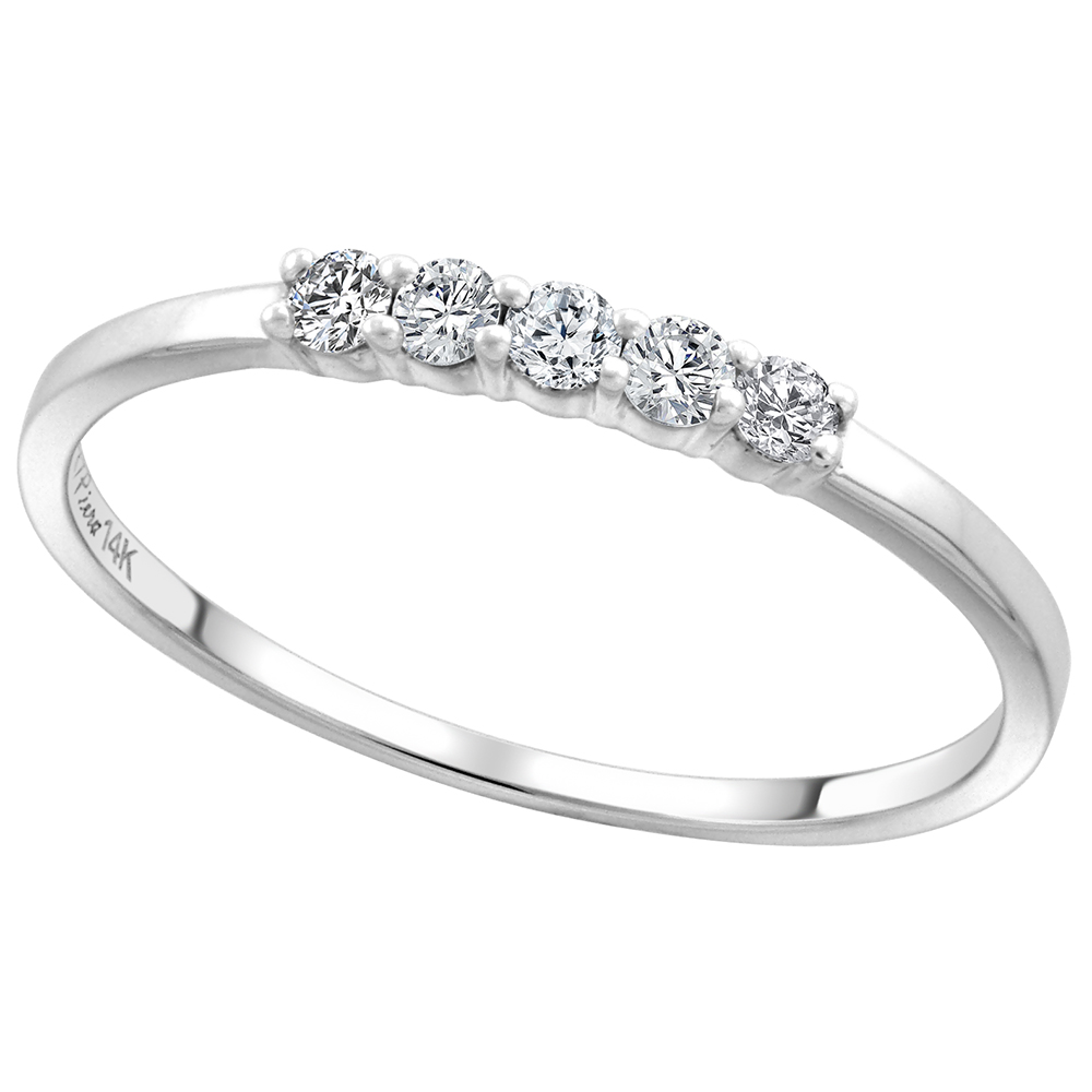 14k White Gold 0.19ct Genuine Diamond 5-Stone Wedding Band Round Brilliant cut 2mm, size 5-10