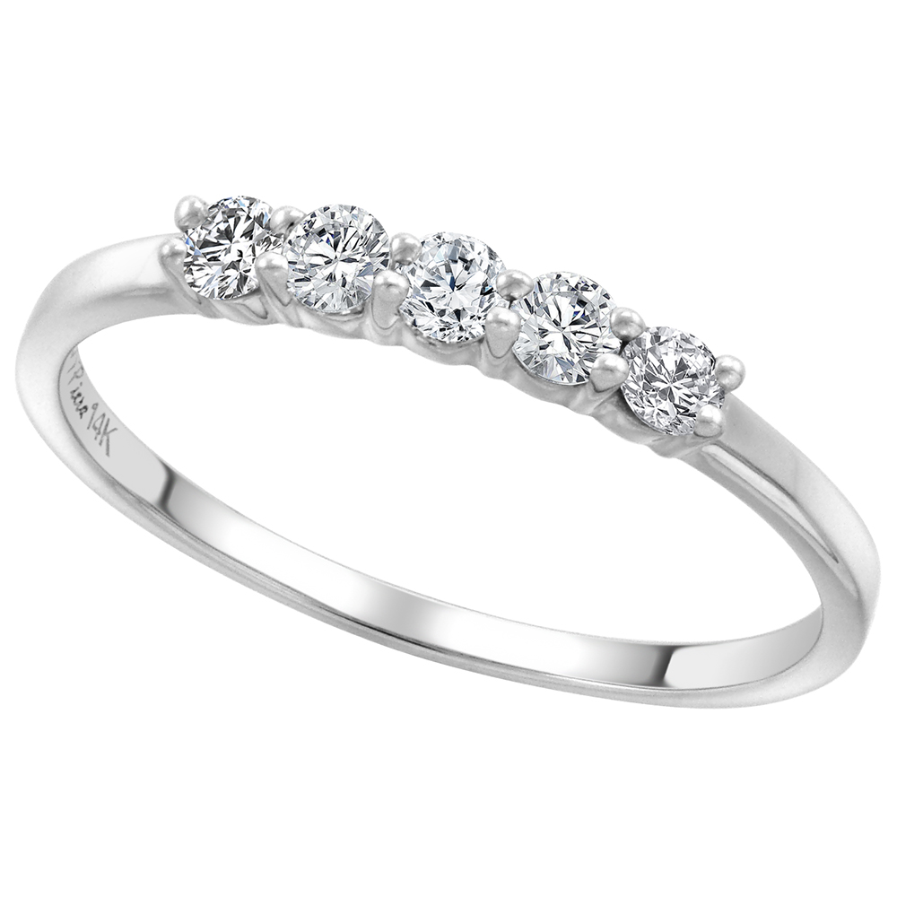 14k White Gold 0.32ct Genuine Diamond 5-Stone Wedding Band Round Brilliant cut 2.4mm, size 5-10
