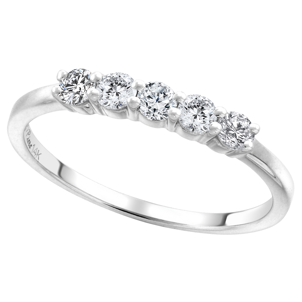 14k White Gold 0.43ct Genuine Diamond 5-Stone Wedding Band Round Brilliant cut 2.7mm, size 5-10