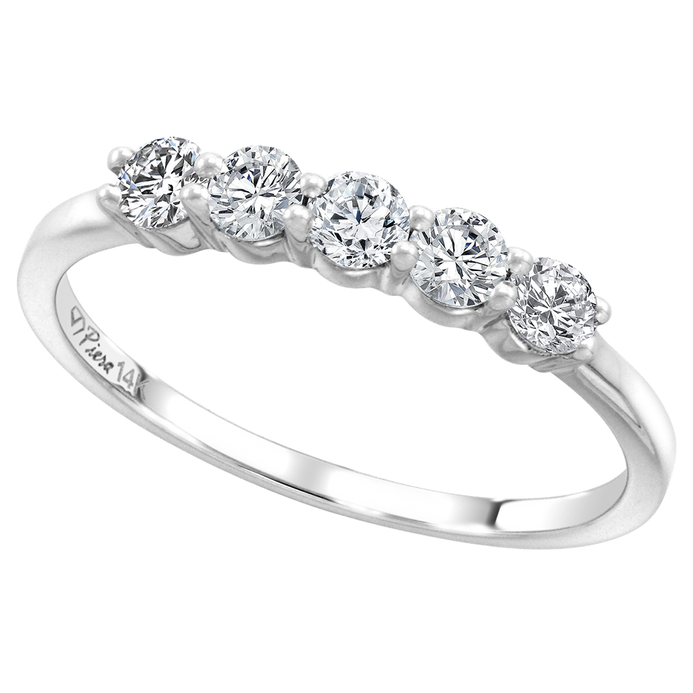 14k White Gold 0.58ct Genuine Diamond 5-Stone Wedding Band Round Brilliant cut 3mm, size 5-10