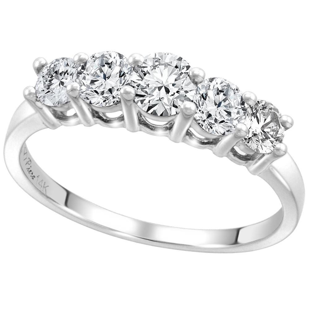 14k White Gold Graduated Genuine Diamond 5-Stone Wedding Band Round Brilliantcut 0.8ct 3.2-3.8mm,size5-10