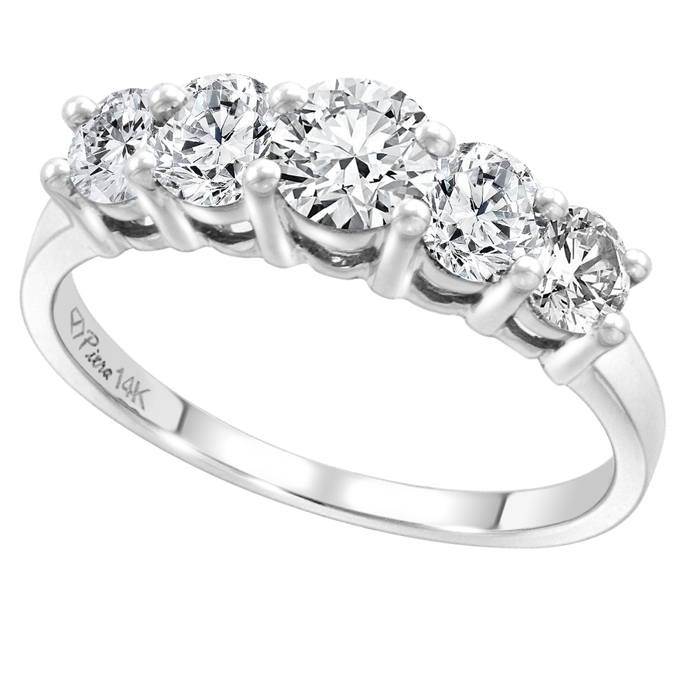 14k White Gold Graduated Genuine Diamond 5-Stone Wedding Band Round Brilliant cut 1ct 3.3-4.2mm, size5-10